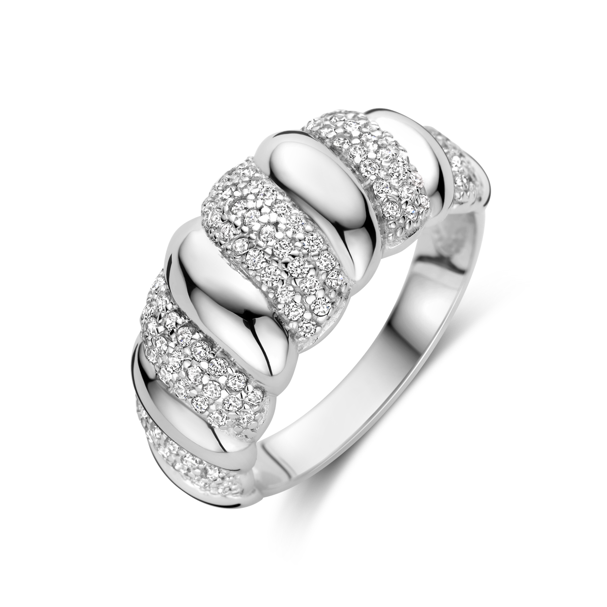 Zilveren ring, zirkonia, gedraaid