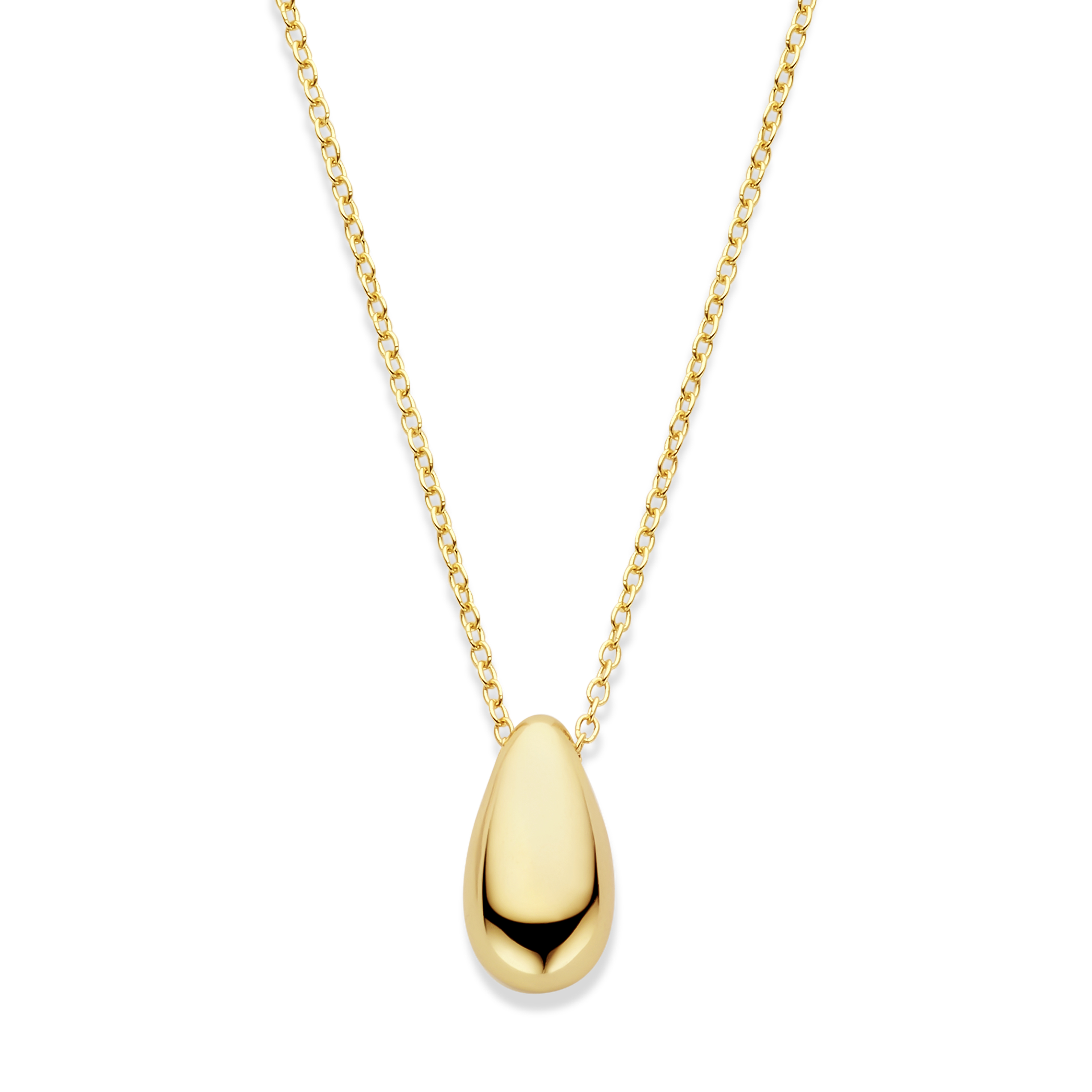 Verguld op 925 zilveren collier uitgevoerd in de vorm van een druppel. Het collier heeft draaglengtes van 41-43-45cm. Geen garantie op de plating.