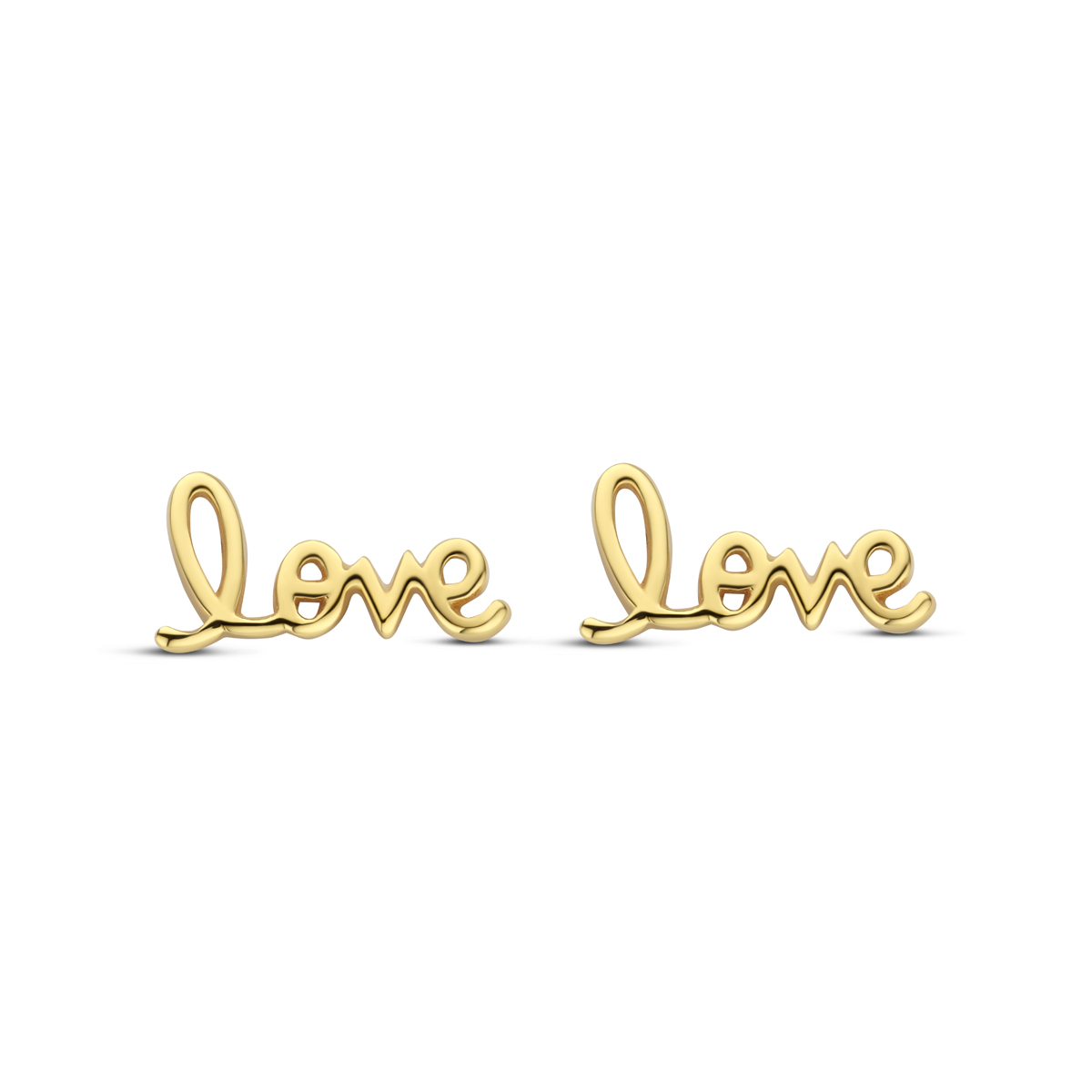 Geelgoud op 925 zilveren oorknoppen uitgevoerd met de tekst love. De oorknoppen hebben een afmeting van 6x12mm. Geen garantie op plating.