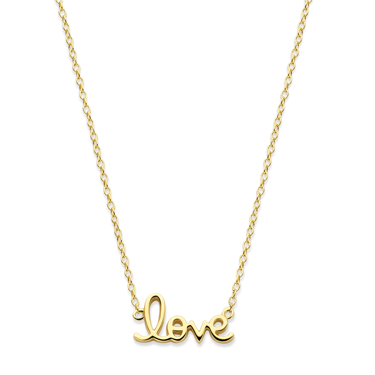 Geelgoud op 925 zilveren collier uitgevoerd met de tekst love. Het collier heeft draaglengtes van 41-43-45cm. 3micron dus zware goud laag