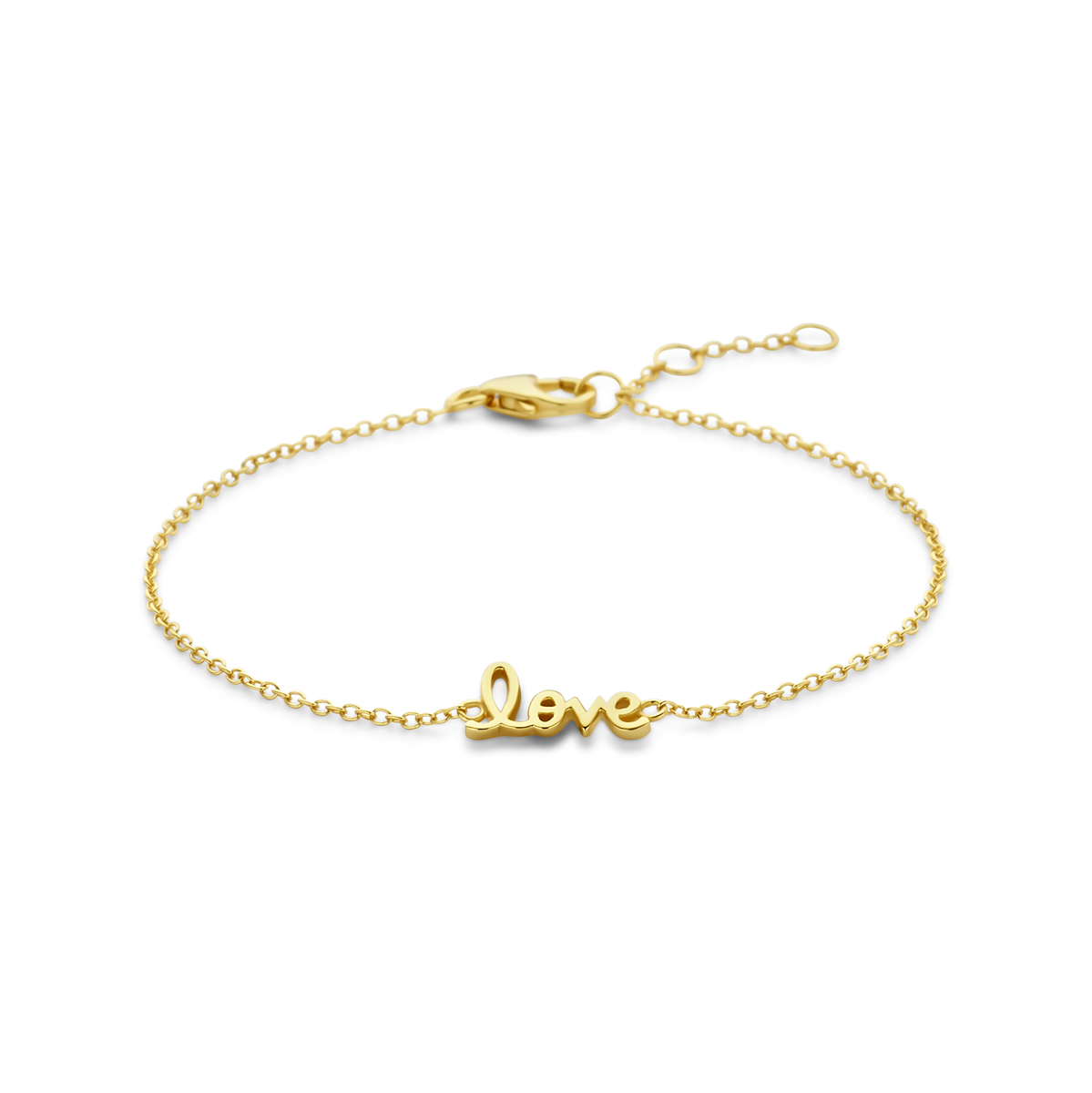 Geelgoud op 925 zilveren armband uitgevoerd met de tekst love. De armband heeft draaglengtes van 16.5-17.5-18.5cm en is uitgevoerd met karabijnsluiting. Geen garantie op plating.