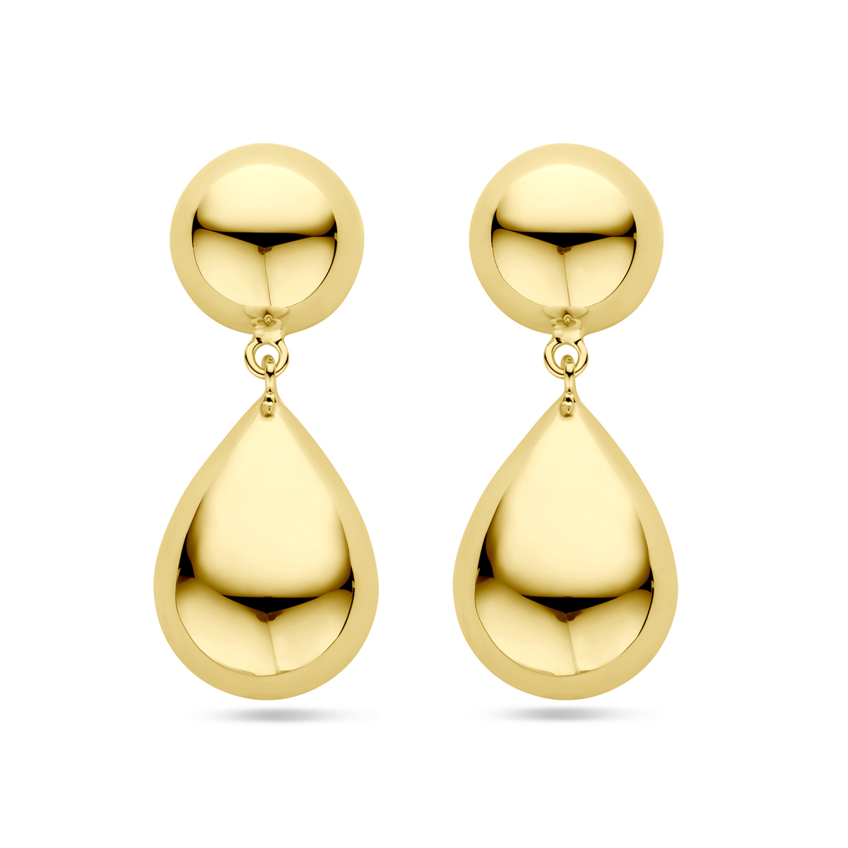 Geelgoud op 925 zilveren oorhangers uitgevoerd met een half bol en druppel. De oorhangers hebben een totale hoogte van 40mm.
