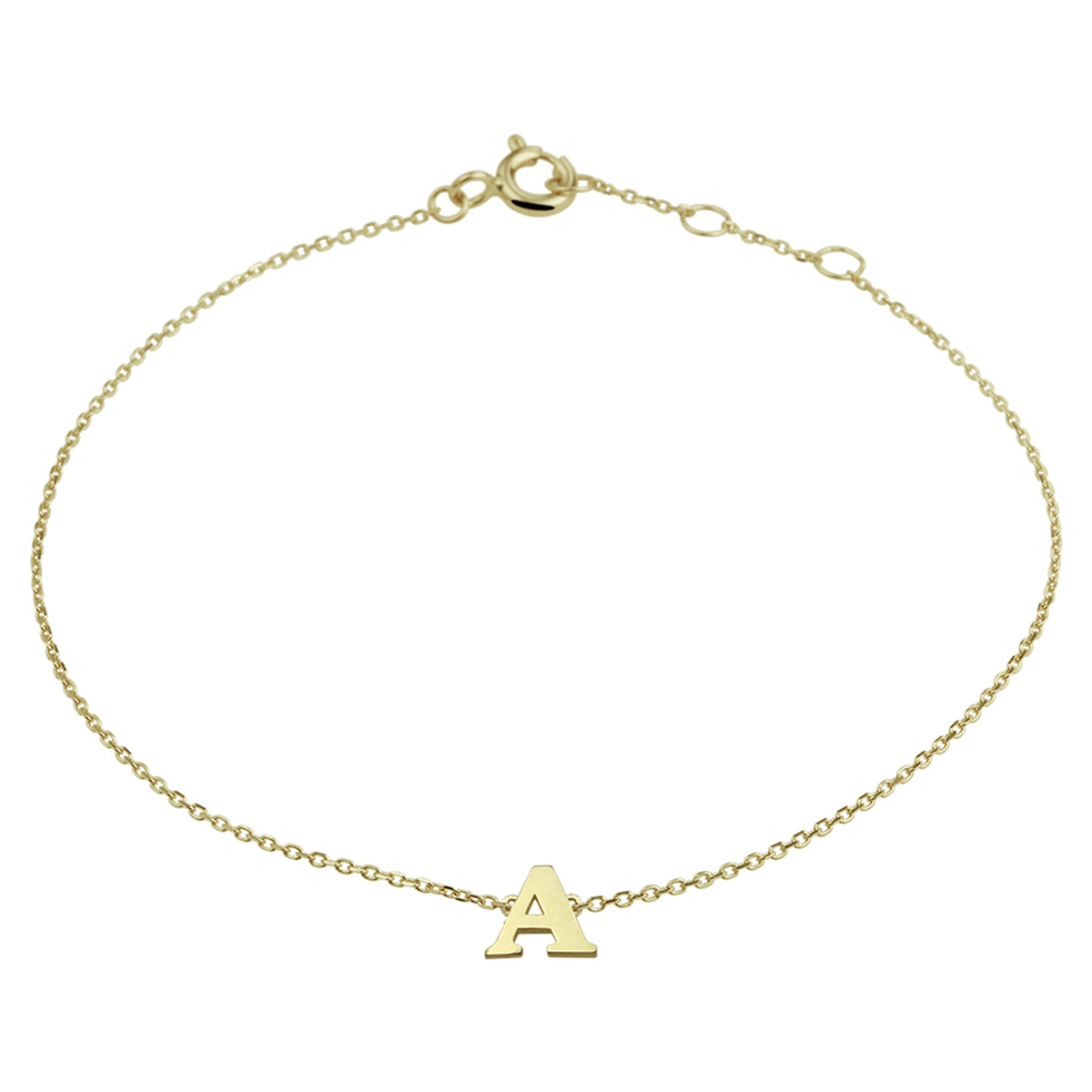 14k Geelgouden anker armband uitgevoerd met de letter A. De armband heeft draaglengtes van 16.5, 17.5 en 18.5cm. De letter heeft een afmeting van 6x6.5mm.