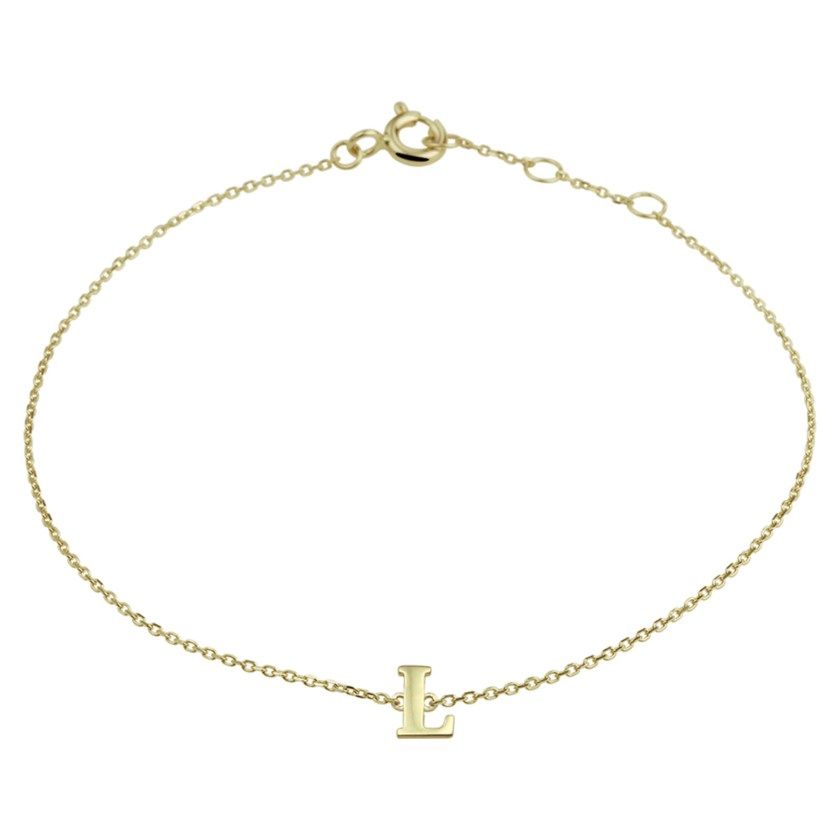 14k Geelgouden anker armband uitgevoerd met de letter L. De armband heeft draaglengtes van 16.5, 17.5 en 18.5cm. De letter heeft een afmeting van 6x4mm.