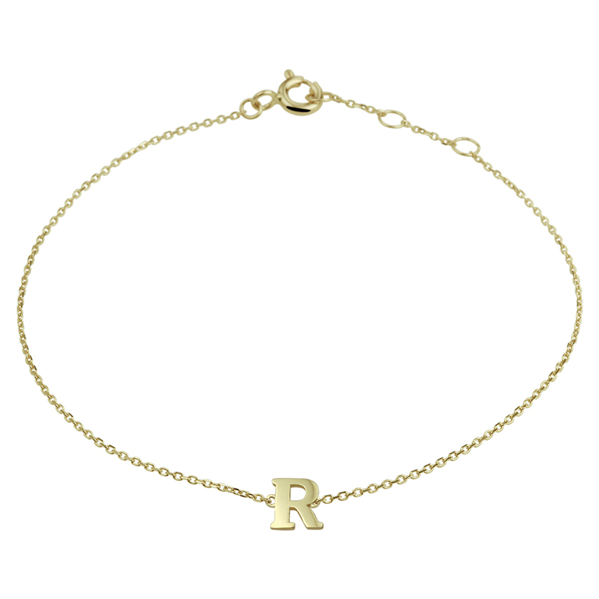 14k Geelgouden anker armband uitgevoerd met de letter R. De armband heeft draaglengtes van 16.5, 17.5 en 18.5cm. De letter heeft een afmeting van 6x5.5mm.
