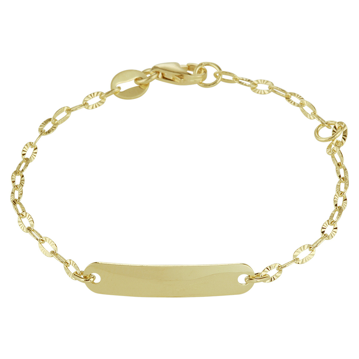 14k Geelgouden armband met graveerplaat van 4x20mm en een stevige karabijnsluiting. De armband heeft draaglengtes van 11 en 13cm.
