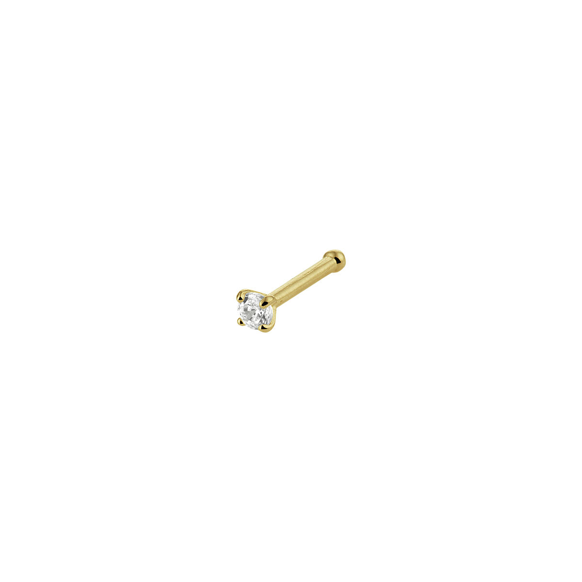 14k Geelgouden neusknopje uitgevoerd met een heldere zirkonia. Het neusknopje heeft een diameter van 2mm.
