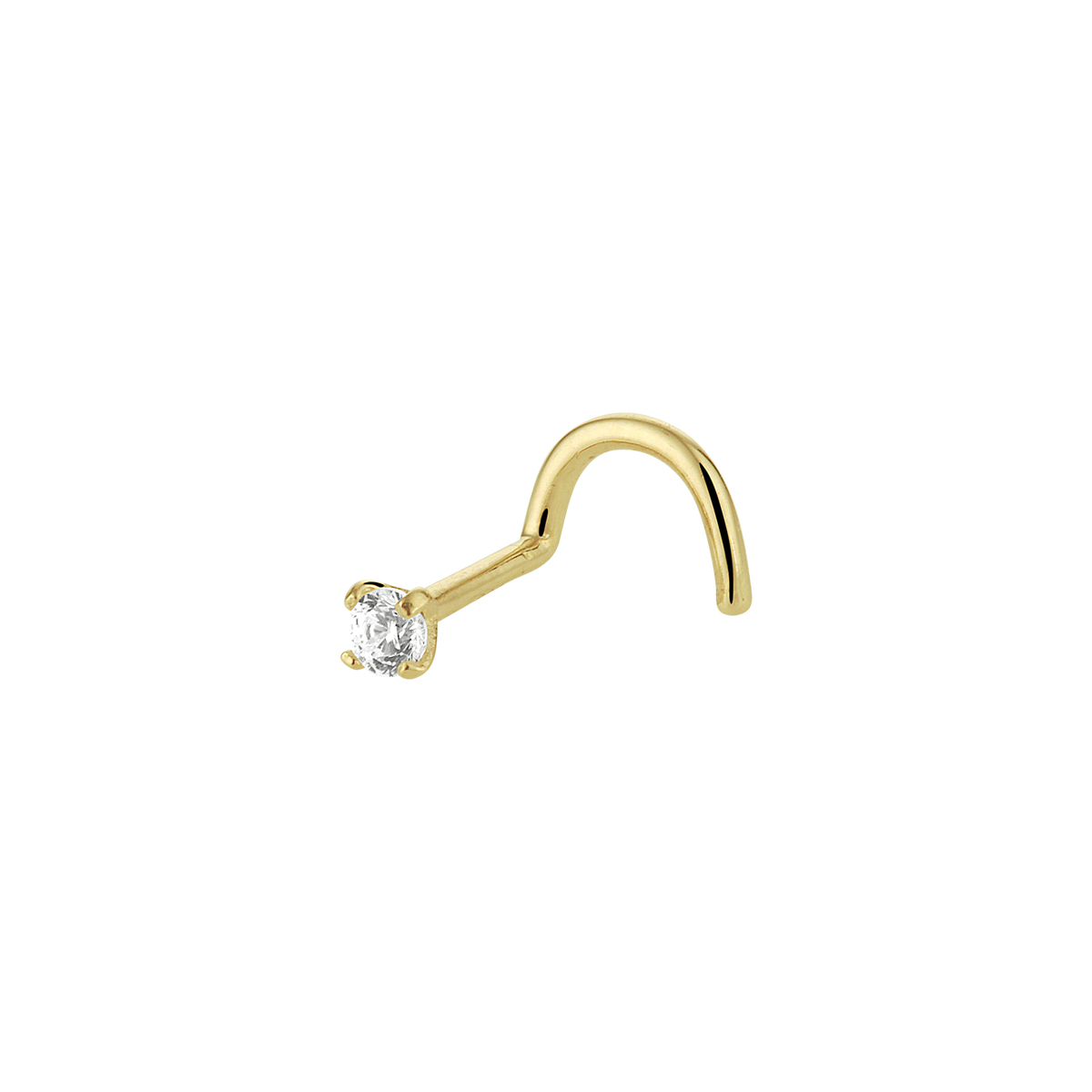 14k Geelgouden neusknopje uitgevoerd met een heldere zirkonia. Het neusknopje heeft een diameter van 2.5mm.