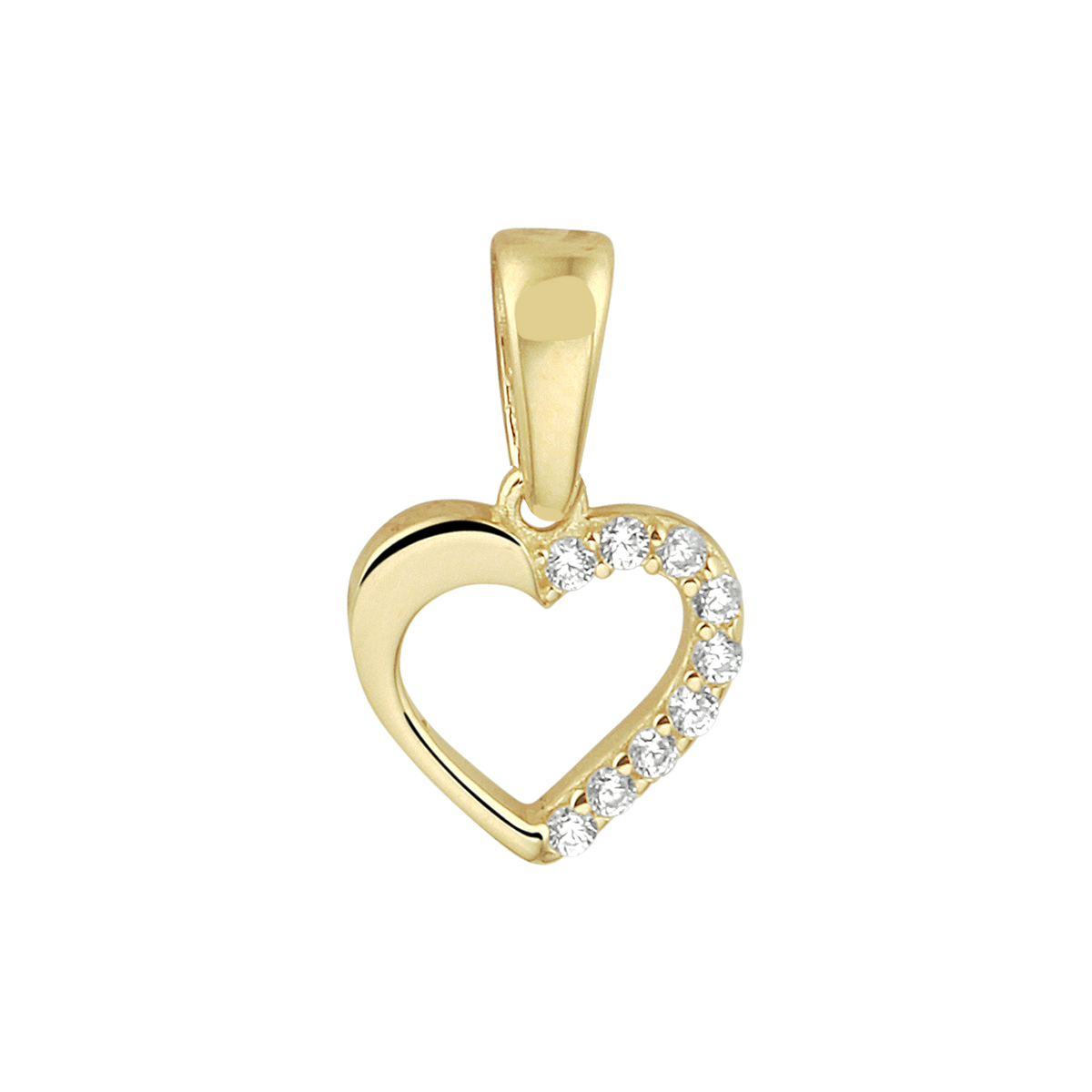 14k Geelgouden hanger in de vorm van een hartje uitgevoerd met een schitterende zirkonia rij. De hanger heeft een totale hoogte van 1.4cm en een breedte van 8.5mm.