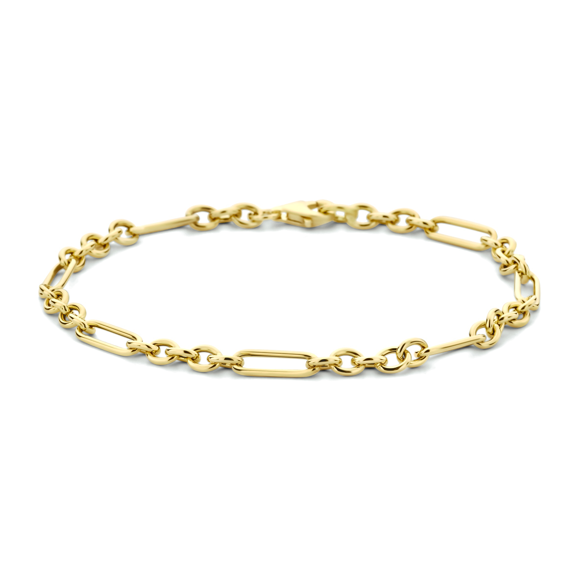 Geelgouden armband, 5 ronde schakels afgewisseld met een ovale schakel. 19cm