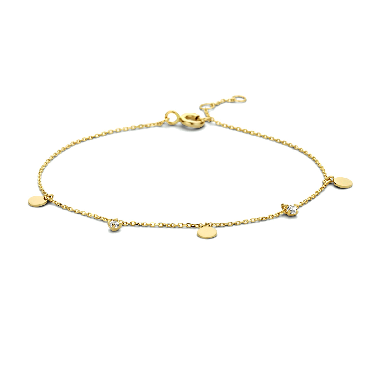 14k Geelgouden armband uitgevoerd met rondjes en zirkonia. De armband heeft draaglengtes van 16.5, 17.5 en 18.5cm.