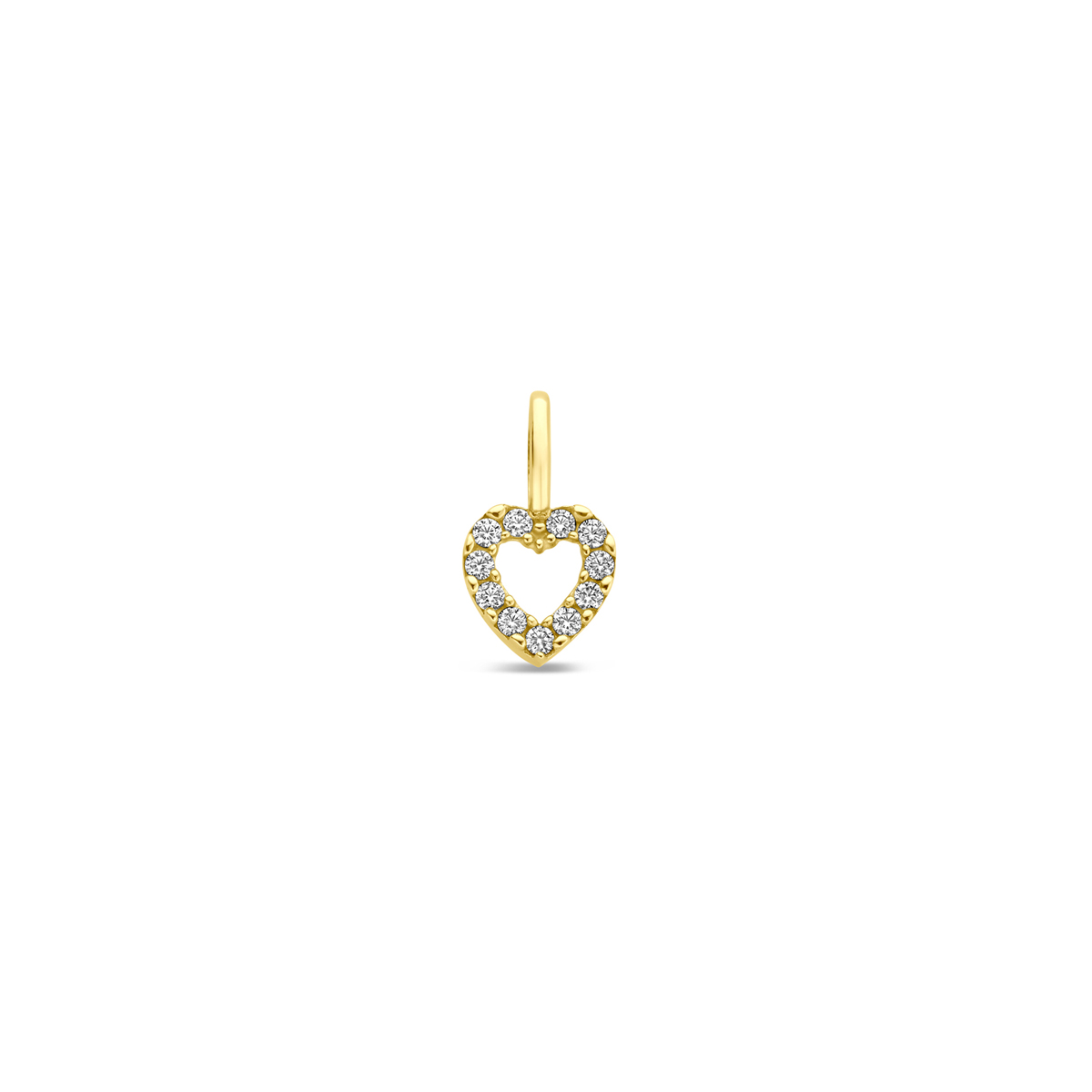 14k Geelgouden hanger uitgevoerd in de vorm van een hartje met zirkonia. De hanger heeft een totale hoogte van 10.5mm.