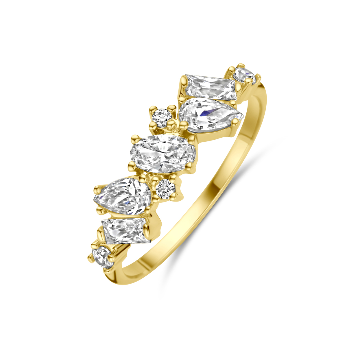 14k Geelgouden ring uitgevoerd met zirkonia. De ring heeft een breedte van 6mm.