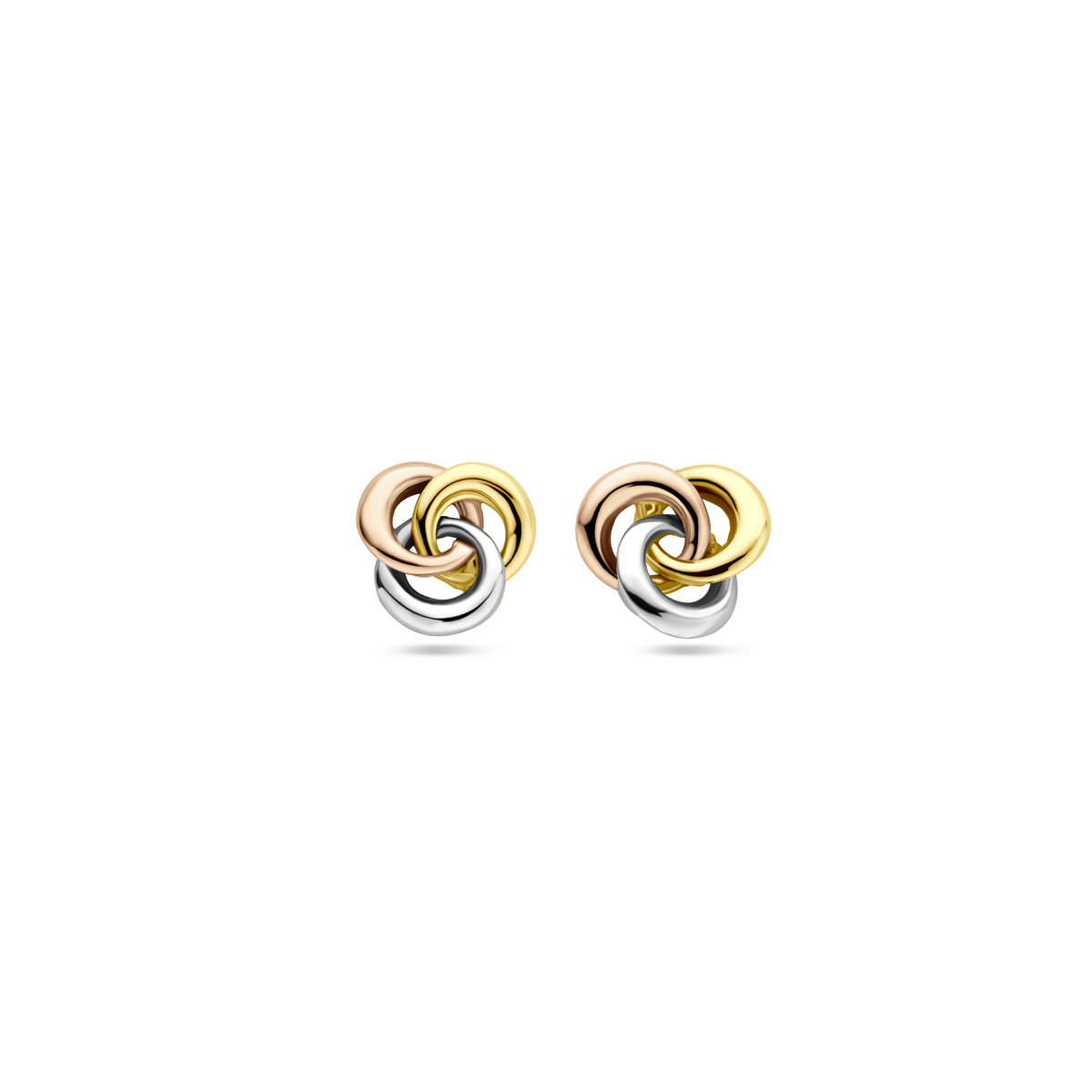 14k Tricolor wit- ros&eacute;- en geelgouden oorknoppen met een afmeting van 7x7.5mm.