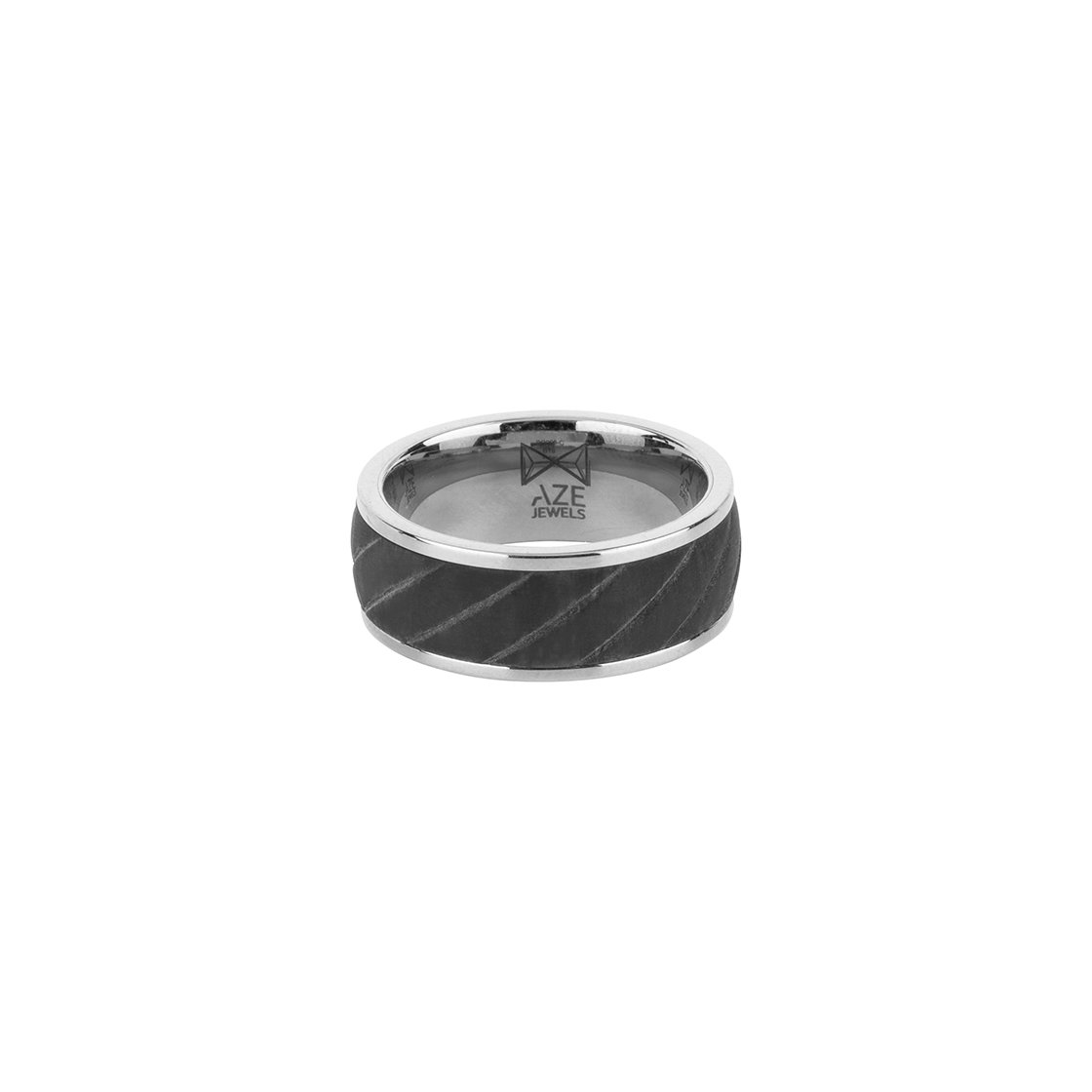 Dit elegante model staat bekend om zijn pure eenvoud en klassieke uitstraling. Deze ronde ring is gemaakt van zilverkleurig 316L staal en carbon. Afgewerkt met het Aze-logo aan de binnenkant van de ring.