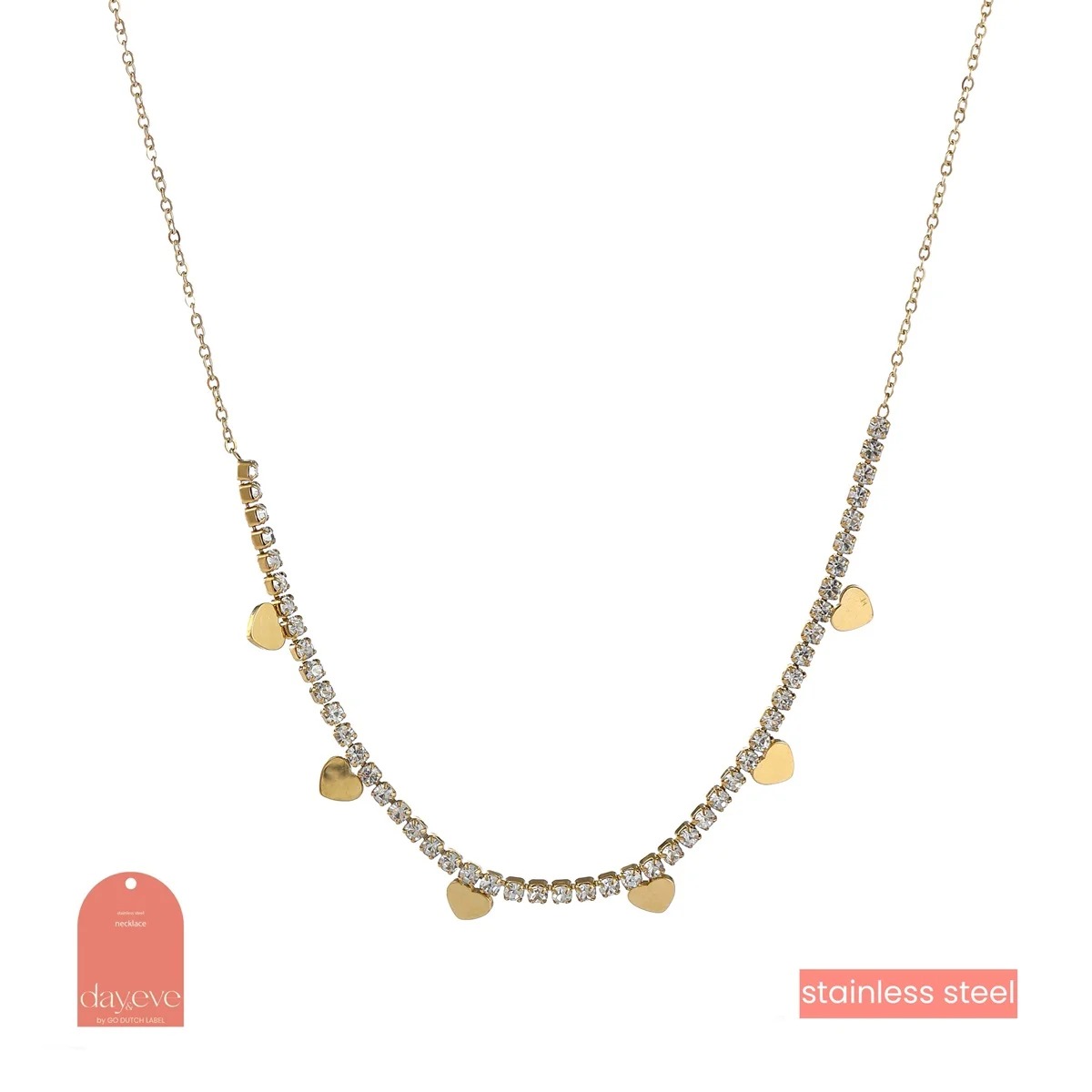 Dit prachtige collier is gemaakt van roestvrij staal en heeft glanzende hartjes die verguld zijn met 14 karaats goud. Het collier is perfect voor dagelijks gebruik en voor een avondje uit. Het beste is om het te combineren met een simpel shirt of een elegante jurk voor een stijlvolle look. De lengte van het collier is verstelbaar voor extra comfort. Maak je look compleet met deze schitterende ketting!
