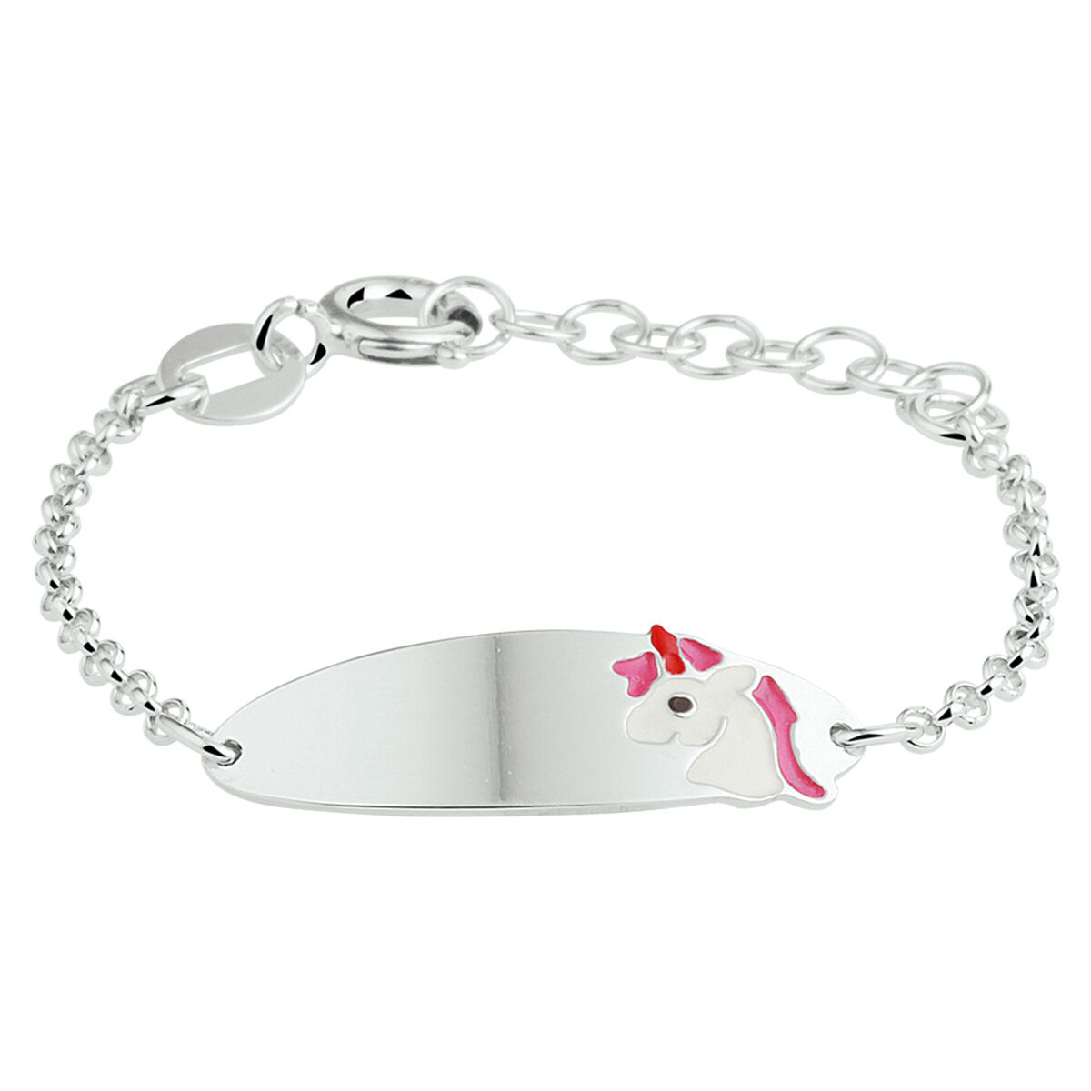 925 zilveren graveerarmband uitgevoerd met een leuke eenhoorn. Het graveerplaatje heeft een afmeting van 21x7mm en een dikte van 0.6mm. De schakelbreedte is 1.6mm.