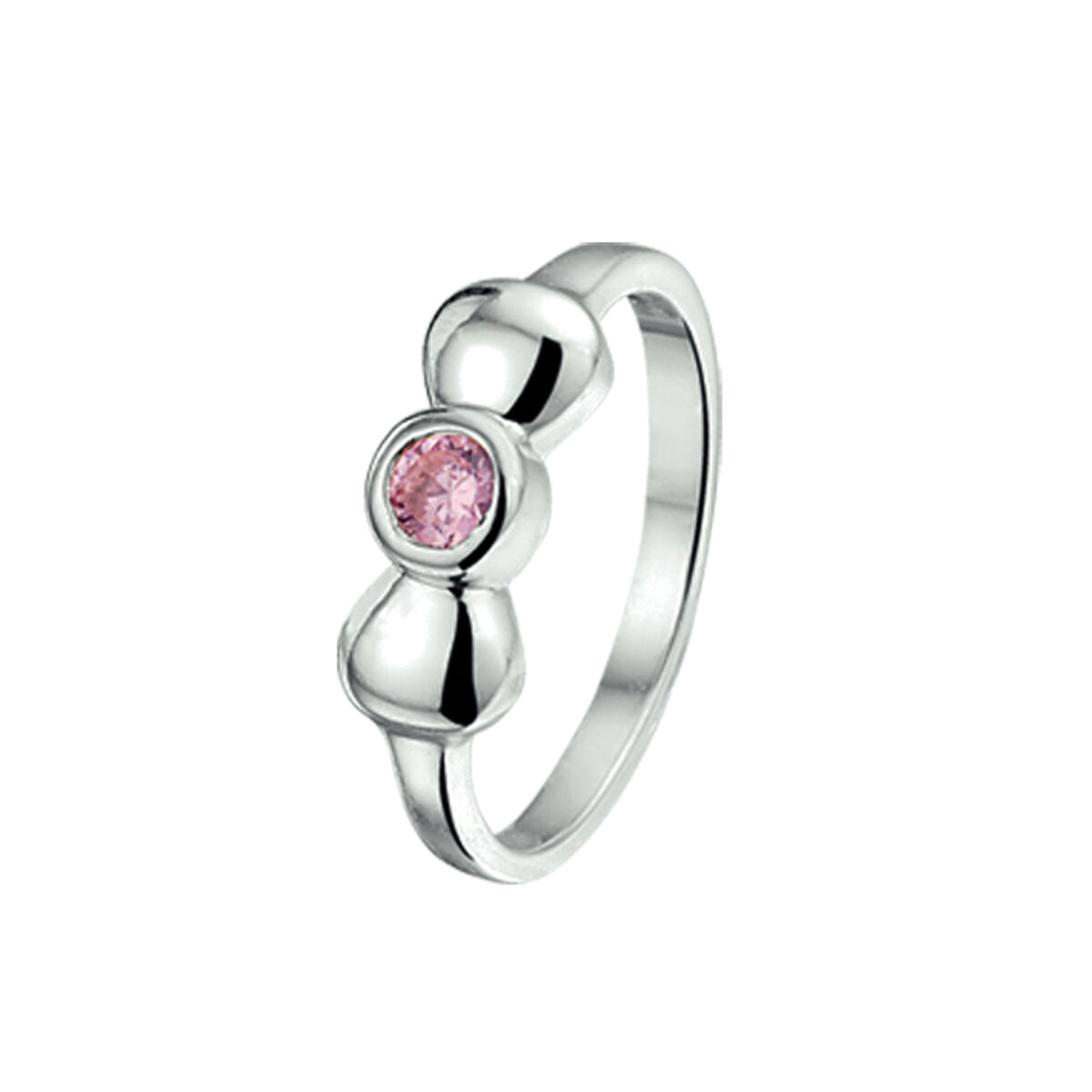 Zilveren ring in de vorm van een strikje met roze zirkonia.
Ringmaat 12,5