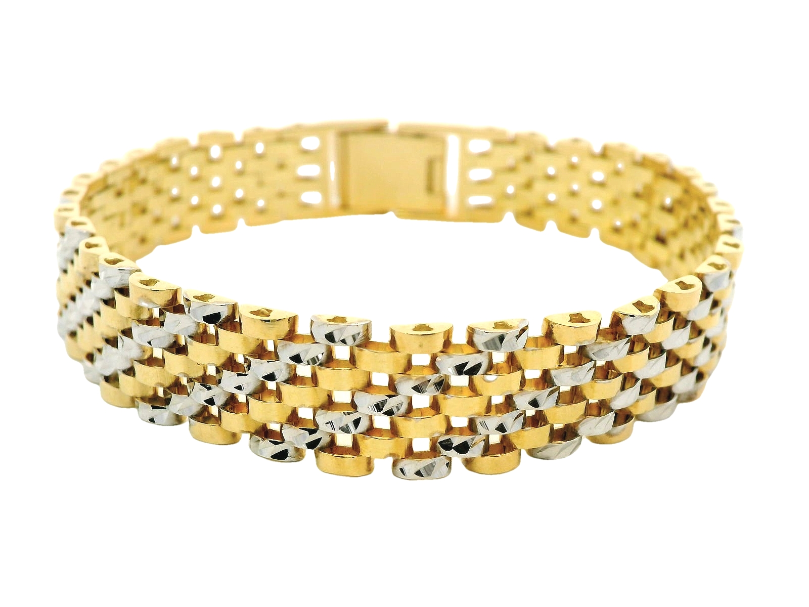 Deze armband van Louis Bros is vervaardigd uit 14 karaat bicolor (24.22 gr.). De armband heeft een lengte van 21 cm en een dikte van 2.5 mm. En een breedte van 12 mm.
Deze armband is een prachtig voorbeeld van elegantie en verfijning. Gemaakt van een harmonieuze combinatie van wit- en geelgoud, biedt dat armband een uniek en bijzonder ontwerp dat in het oog springt. De delicate schakels en het stijlvolle contrast van de twee goudtinten maken het een sieraad dat zowel modern als tijdloos is. Perfect voor speciale gelegenheden of als een luxe dagelijkse accessoire, voegt dat armband een vleugje klasse toe aan elke outfit.
