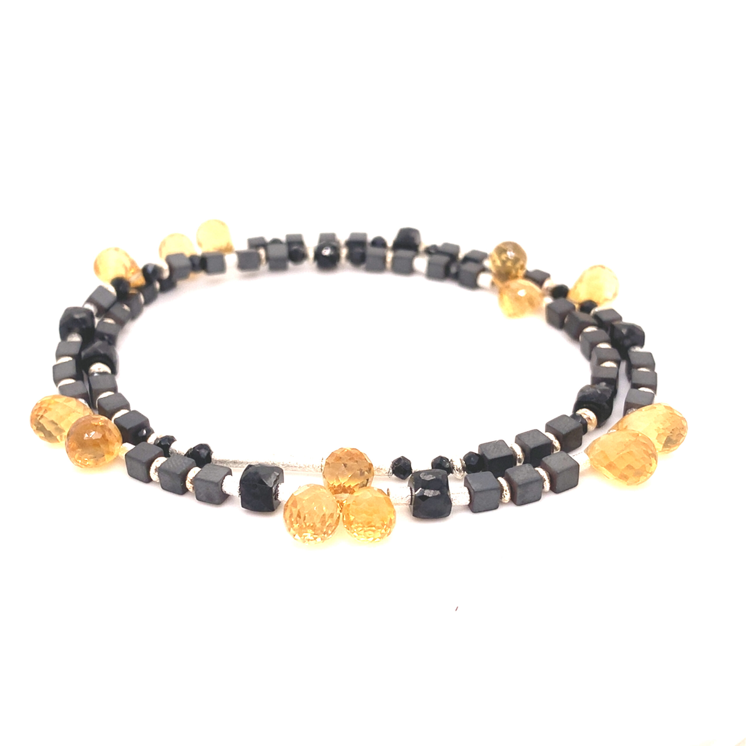Raffinierte Steinkette aus Hämatit, facettierte Citrintropfen und Spinell, in Silber 925 mit patentierter Doppelclipschließe, 45cm