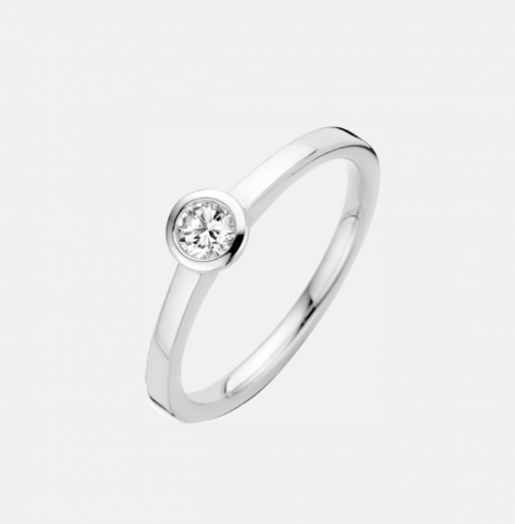 14 Karaat witgouden solitair ring met een ronde / donut zetting. in de ring een briljant van 0.20 crt H/VS1.
