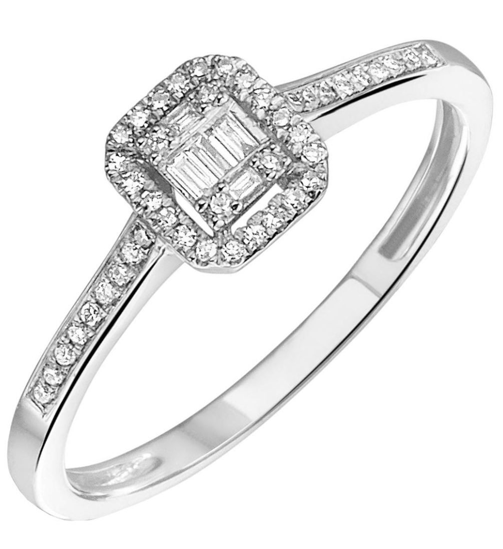 14 Karaat witgouden Cluster ring met Baguette geslepen diamant totaal 0.12 crt H/SI.