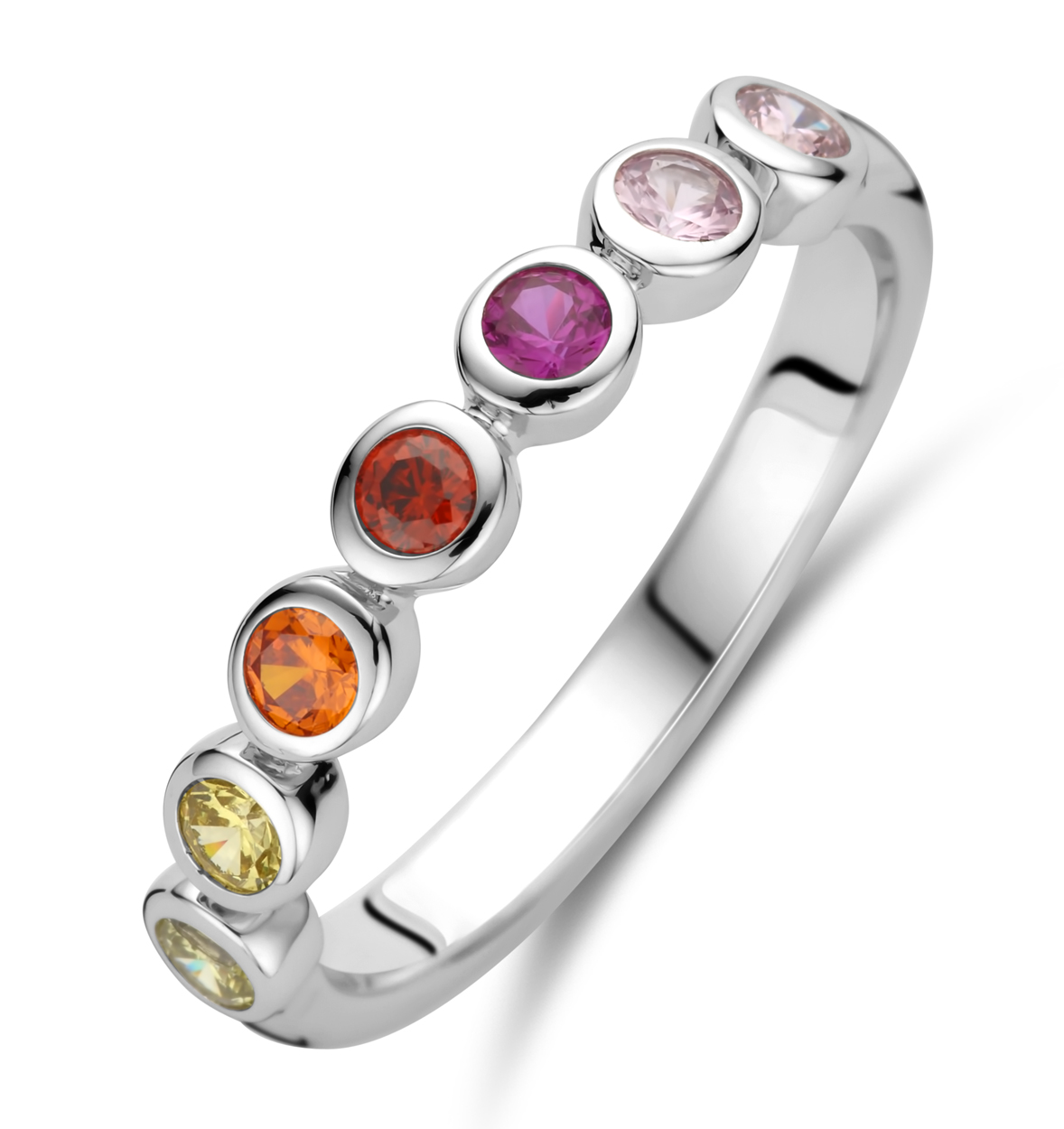 zilveren ring, rondjes+ geel/oranje/roze cz mt58