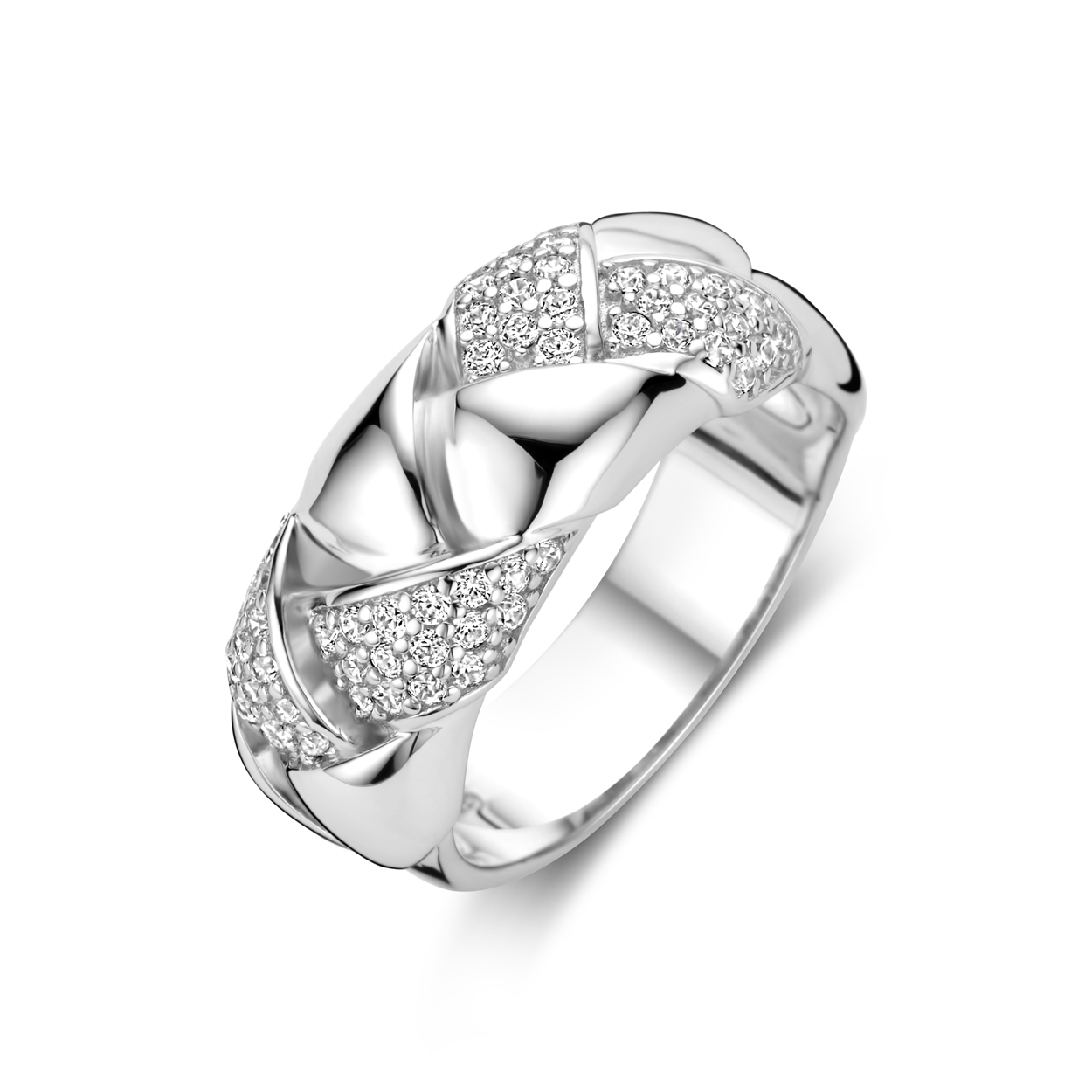 zilveren ring, gevlochten/breed+zirconias mt58