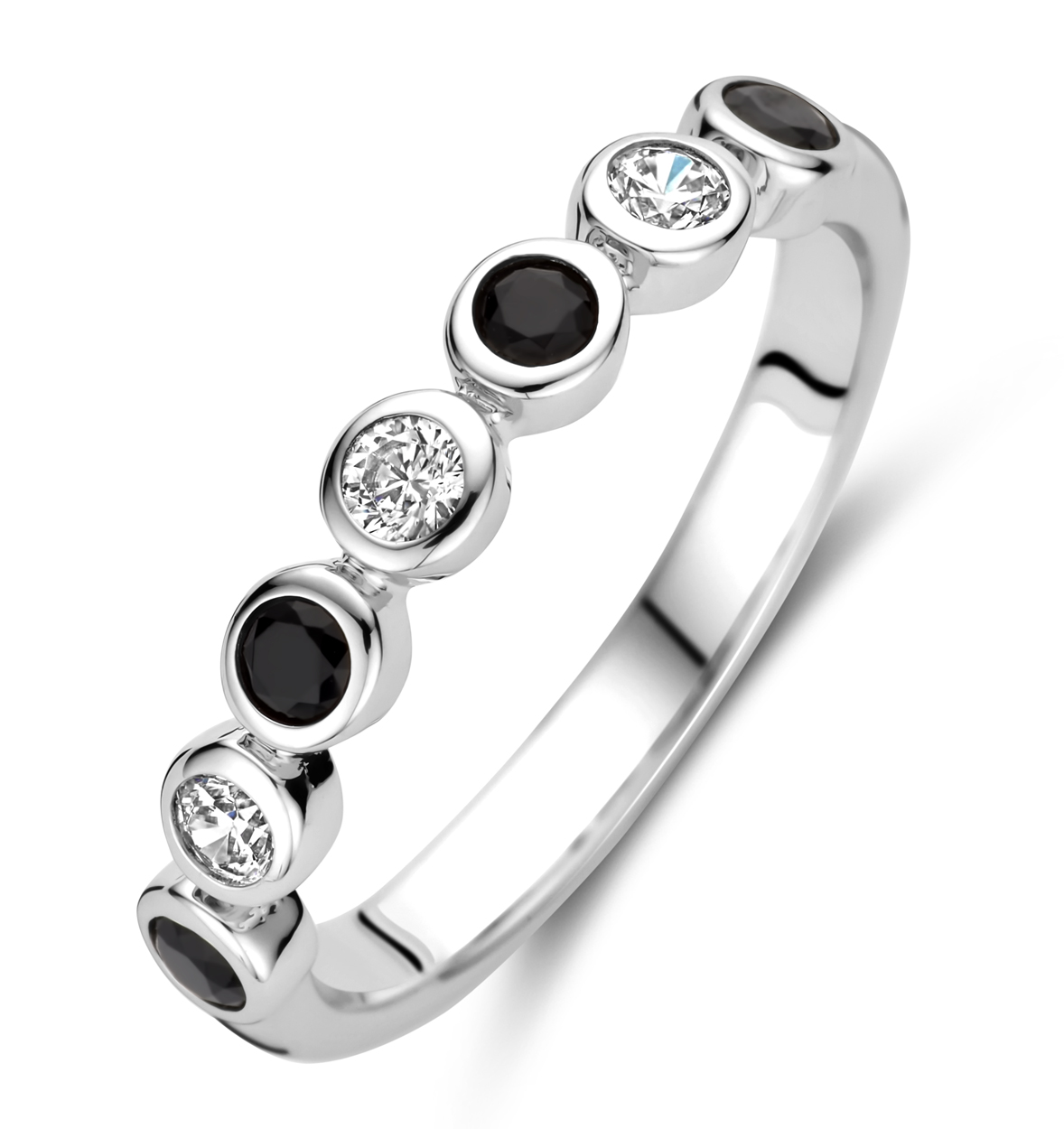 zilveren RdL ring, rondjes zwart/wit zirconia mt54