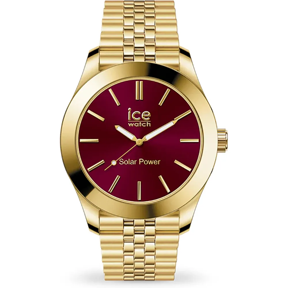 Dit Ice Watch Steel zonne-energie horloge van 35mm heeft een goud en bordeaux kleurencombinatie. Het horloge heeft een stijlvolle uitstraling en is milieuvriendelijk dankzij de solar power functie. Draag dit horloge met een chique outfit voor een elegante uitstraling of combineer het met een casual look voor een trendy twist. De beste manier om dit horloge te dragen is met zelfvertrouwen en stijl.