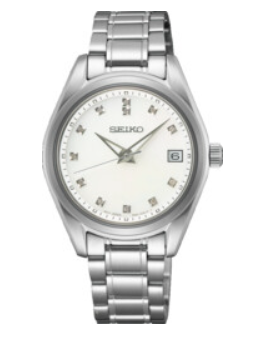 Seiko Quartz dames pols horloge met wit parelmoeren wijzerplaat met diamant, stalen band met vouwsluiting. 10 ATM waterdicht.