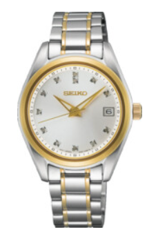 Seiko Quartz dames pols horloge met witte wijzerplaat met diamant, edelstalen kast tweekleuring, stalen band met vouwsluiting. 10 ATM waterdicht.