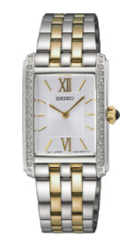 Seiko Quartz dames pols horloge met witte wijzerplaat, edelstalen kast tweekleuring, stalen band met vouwsluiting. 3 ATM waterdicht.