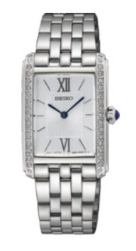 Seiko Quartz dames pols horloge met witte wijzerplaat, edelstalen kast, stalen band met vouwsluiting. 3 ATM waterdicht.