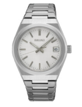 Seiko Quartz dames pols horloge met witte wijzerplaat, edelstalen kast, stalen band met vouwsluiting. 10 ATM waterdicht.