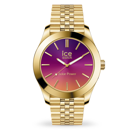Ice Watch gold stalen solar dameshorloge met donkerroze wijzerplaat