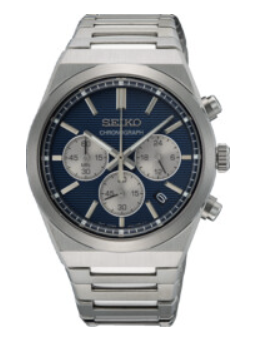 Seiko Quartz Chronograaf heren pols horloge staal met stalen band met klap sluiting. Blauwe wijzerplaat. 10 ATM waterdicht.