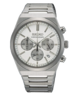 Seiko Qaurtz Chronograaf heren pols horloge staal met stalen band met klap sluiting en witte wijzerplaat. 10 ATM waterdicht.
