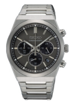 Seiko Quartz Chronograaf heren pols horloge staal met stalen band met klap sluiting. Grijze wijzerplaat. 10 ATM waterdicht.