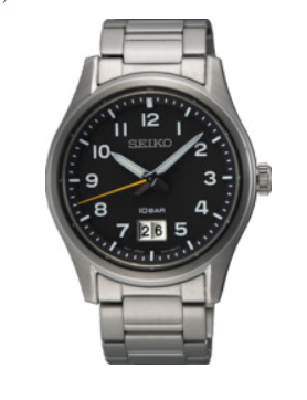 Seiko Quartz heren pols horloge staal met stalen band met klap sluiting. Zwarte wijzerplaat 10 ATM waterdicht.