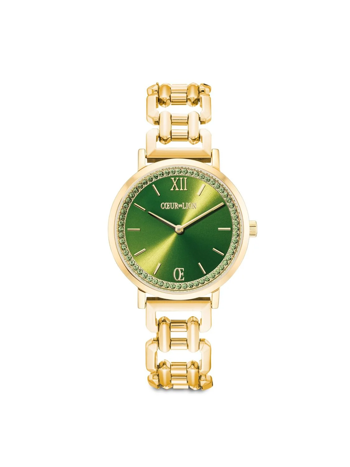 Coeur de Lion dames horloge; goudkleurige band en kast, groene wijzerplaat met zirkonia om de wijzerplaat