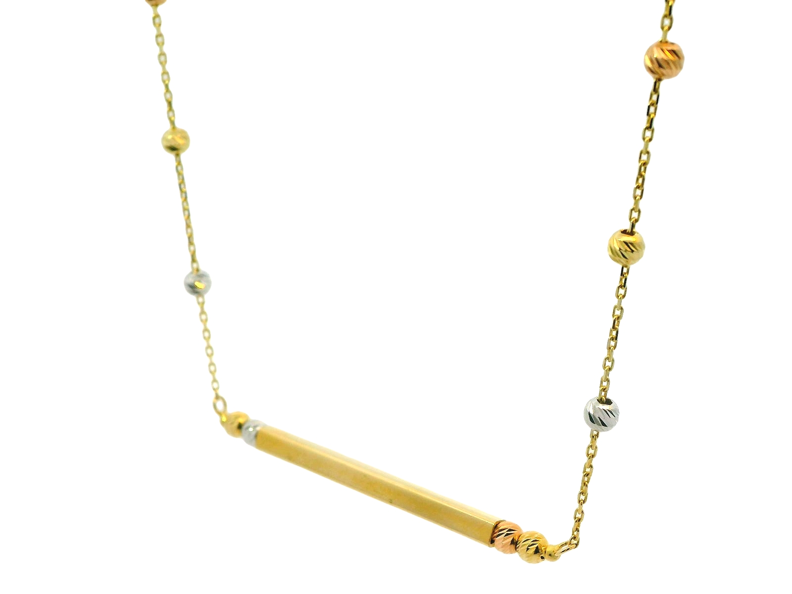 Dit collier van Louis Bros is vervaardigd uit 14 karaat tricolor (3.85 gr.). Het collier heeft een lengte van 50 cm. 
Dit verfijnde tricolor gouden collier is een prachtig sieraad dat elegantie en moderniteit perfect combineert. Het collier bestaat uit geel-, wit- en roodgoud, waardoor het een veelzijdige en opvallende uitstraling heeft. In het midden van het collier prijkt een stijlvol stafje, dat het geheel een eigentijdse en minimalistische touch geeft. Ideaal voor zowel dagelijks gebruik als speciale gelegenheden, dit collier voegt een vleugje luxe toe aan elke outfit.