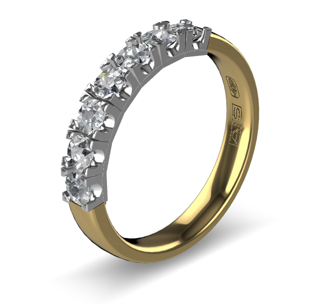 14 Karaat geel gouden Memoire ring met wit gouden zetting model A.S. 11155. Met 7X 0.09 crt briljant G/VVS op maat 56.