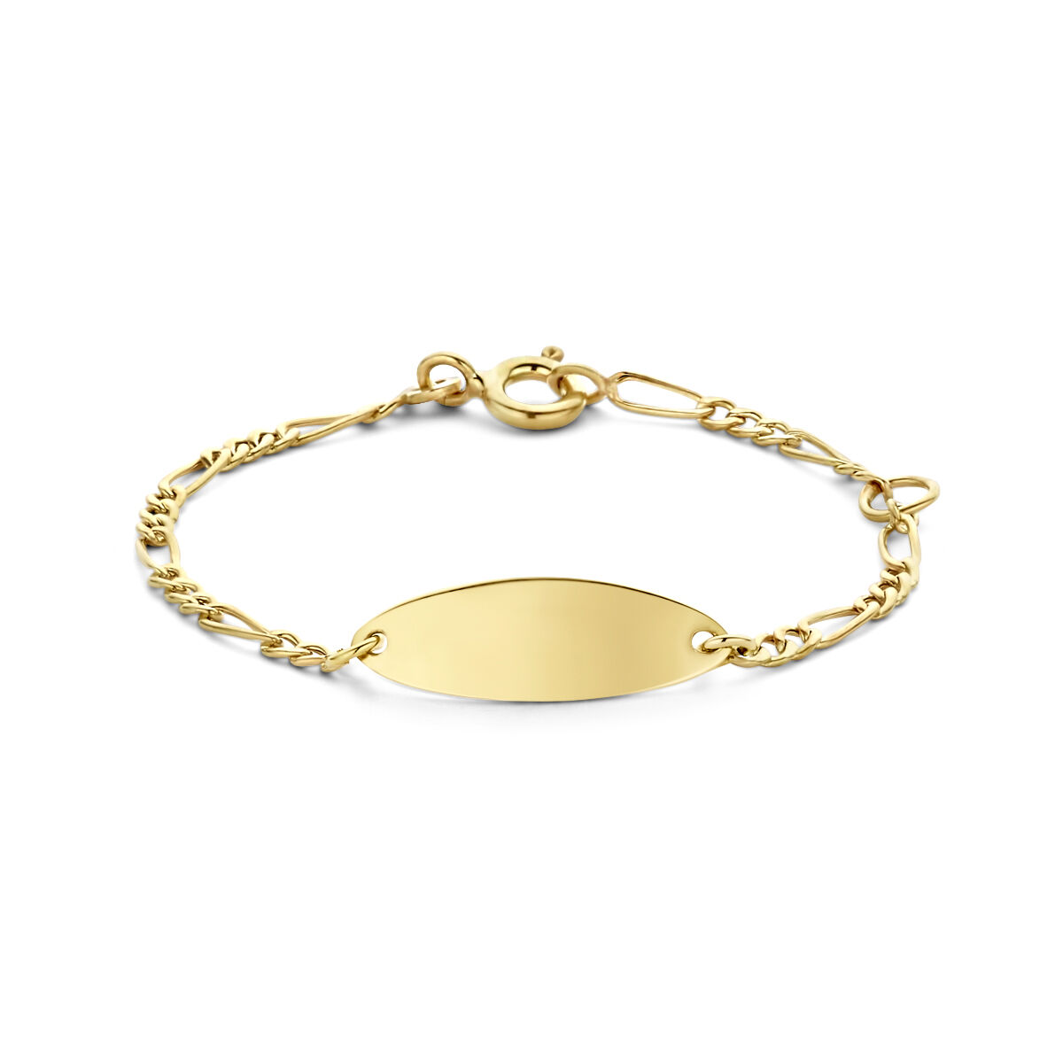 9k Geelgoudengraveerarmband met een schakelbreedte van 2mm en een plaat van 6x17.5mm met een dikte van 0.4mm