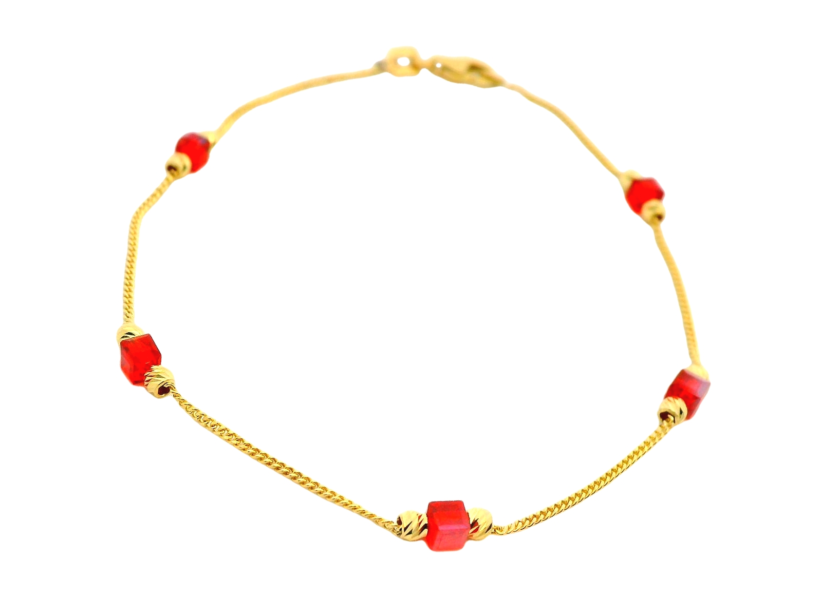 Deze armband van Louis Bros is vervaardigd uit 14 karaat geelgoud (1.72 gr.). 
Deze subtiele armband is een verfijnd sieraad dat uitblinkt door zijn eenvoud en elegantie. De fijne gouden band is verrijkt met delicate rode steentjes, die een warme en levendige kleuraccent toevoegen. Het tijdloze ontwerp maakt het een perfect accessoire voor dagelijks gebruik, terwijl de rode steentjes een vleugje speelsheid en luxe toevoegen. Ideaal om alleen te dragen of te combineren met andere sieraden voor een verfijnde look.