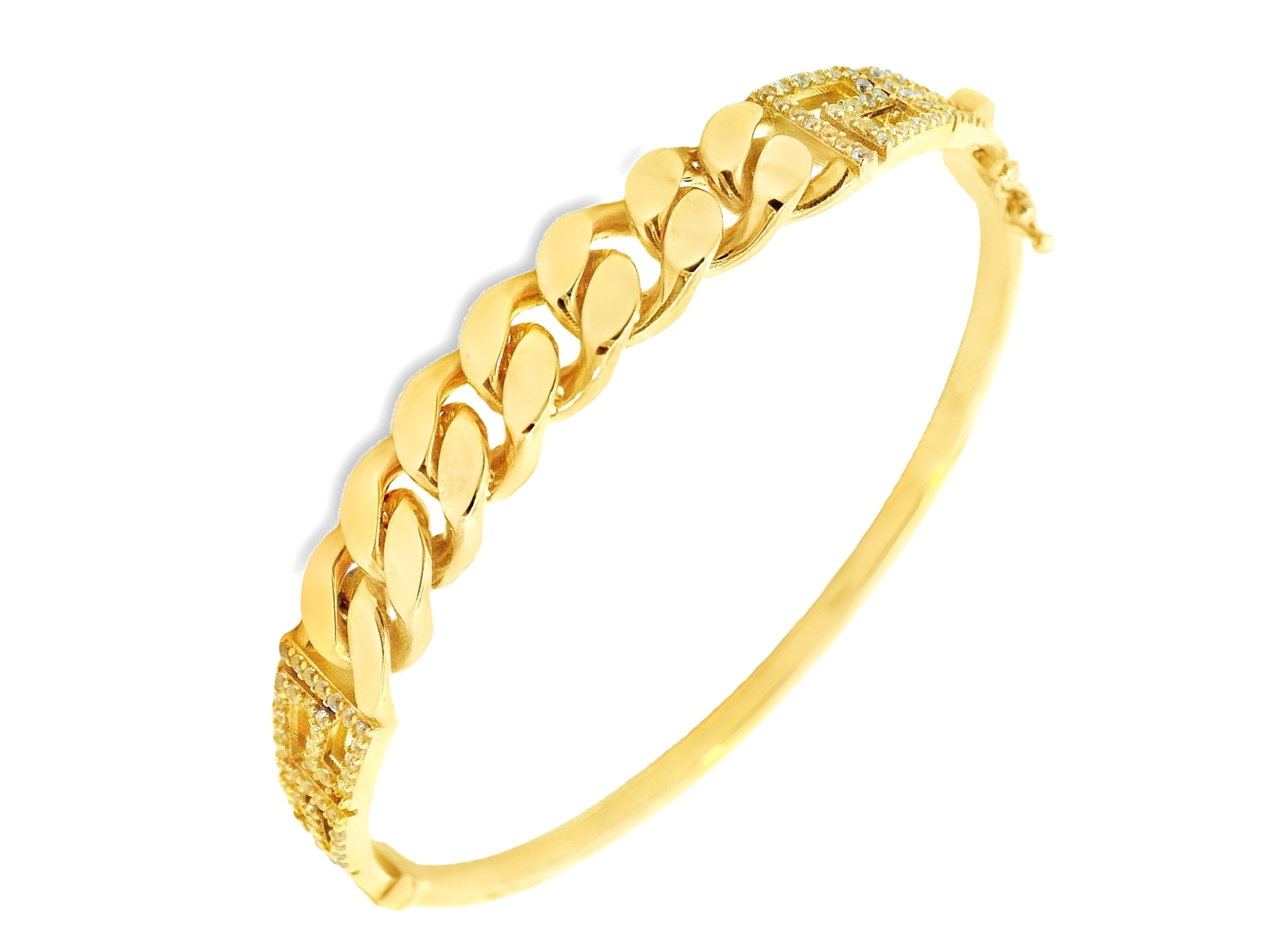 Deze armband van Louis Bros is vervaardigd uit 14 karaat geelgoud (10.27 gr.). 
Deze armband straalt elegantie en verfijning uit. Het prachtige geelgoud accentueert de schittering van de fonkelende zirkonia's, die subtiel in het ontwerp zijn verwerkt. De armband heeft een speels en uniek design, waardoor het een blikvanger is bij elke outfit. Het tijdloze karakter van het geelgoud gecombineerd met de sprankelende zirkonia's maakt deze armband perfect voor elke gelegenheid, of het nu een dagelijks accessoire is of een sieraad voor speciale momenten.