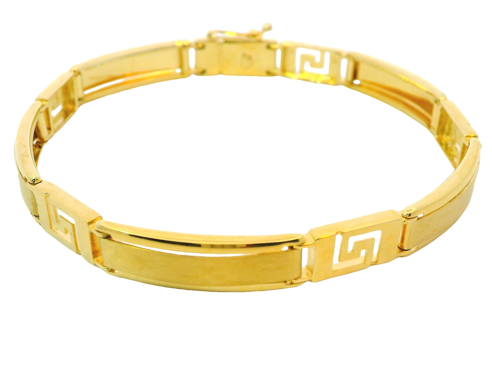 Deze armband van Louis Bros is vervaardigd uit 14 karaat geelgoud (15.18 gr.). 
Deze armband is uitgevoerd in een klassieke schakel met een gedetailleerd Greek style-patroon. Het ontwerp straalt tijdloze elegantie uit, met de kenmerkende geometrische motieven geïnspireerd op de rijke Griekse cultuur. De robuuste schakels in combinatie met het verfijnde patroon geven de armband een unieke en krachtige uitstraling. Perfect voor de man die houdt van luxe en een vleugje geschiedenis in zijn stijl. Een sieraad dat moeiteloos klasse en persoonlijkheid toevoegt aan elke outfit.