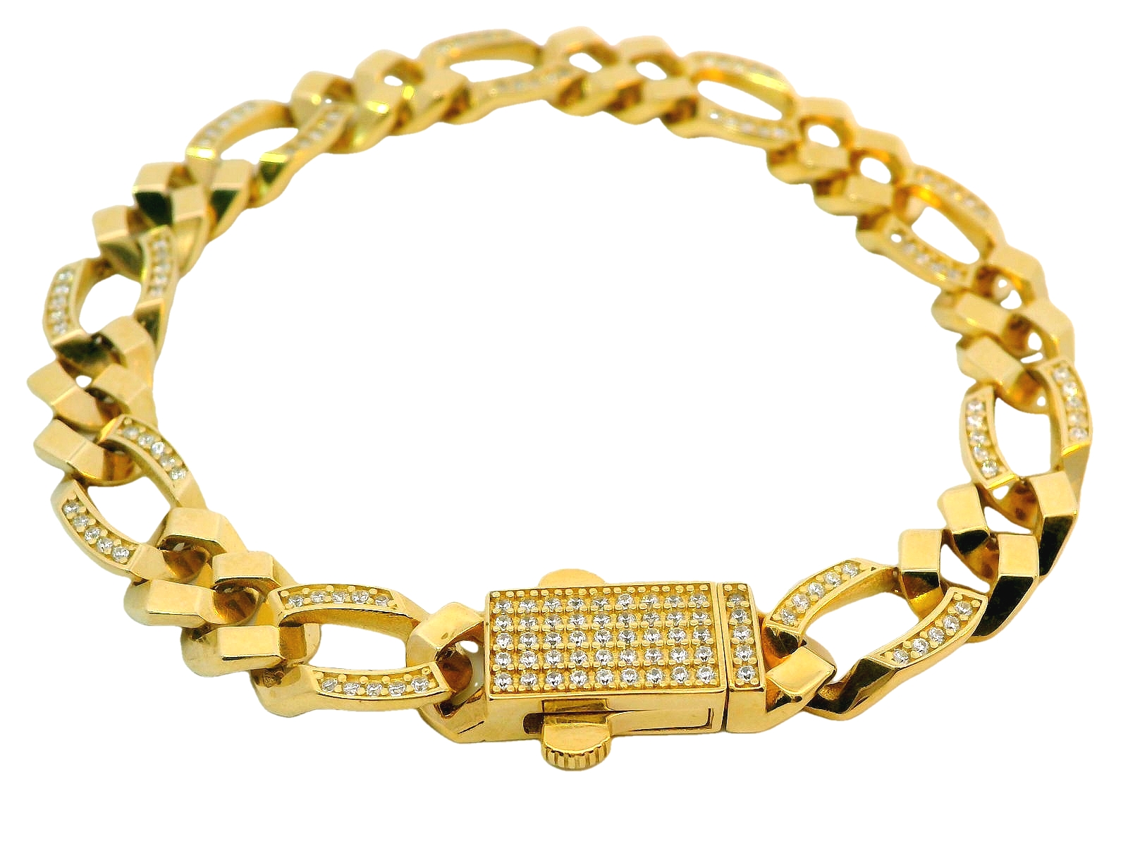 Deze armband van Louis Bros is vervaardigd uit 14 karaat geelgoud (16.20 gr.). 
Deze luxe armband voor heren is verfijnd afgewerkt met fonkelende zirkonia-stenen, wat een subtiel maar stijlvol accent toevoegt. De stevige schakels stralen kracht uit, terwijl de zirkonia zorgt voor een schitterend contrast en een vleugje elegantie. Dit sieraad is perfect voor de man die houdt van een combinatie van luxe en tijdloze klasse. De geelgouden afwerking in combinatie met de glinsterende zirkonia maakt deze armband tot een echte blikvanger, geschikt voor zowel dagelijks gebruik als speciale gelegenheden.