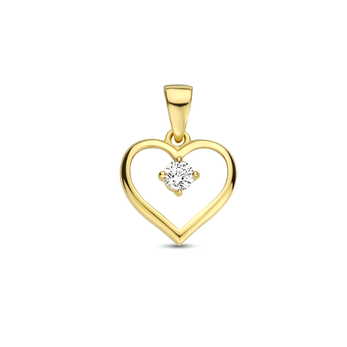14k Geelgouden hanger uitgevoerd in de vorm van een hartje met daarin een heldere zirkonia. De hanger heeft een totale hoogte van 1.4cm en een breedte van 9.8mm.