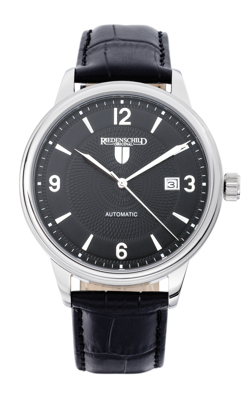 Heren horloge automaat, zwarte wijzerplaat en zwart leren band.